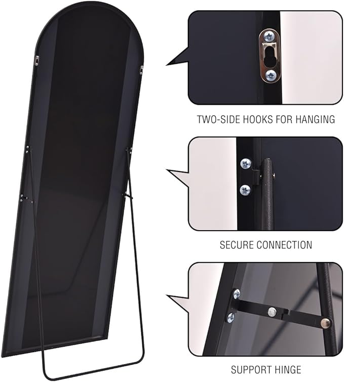Arched Full Length Mirror, Floor Mirror with Stand, 18"x58" Large Mirror, Wall Mirror Full Length, Black Floor Length Mirror, Body Floor Mirror, Wall Mounted Mirror for Bedroom, Black
