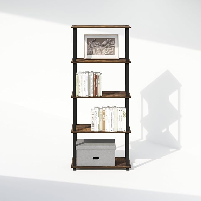 Furinno Turn-S-Tube Storage Shelves Set of 2, 3-Tier Book Shelf, Corner Shelf, Toolless Open Shelves, Square Tubes, for Organization and Storage, Living Room, Garage, Home Office, Amber Pine