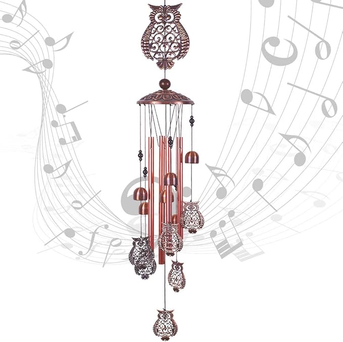 Owl Wind Chimes Outdoor Indoor Decor -with 4 Aluminum Tubes 6 Bells 7 Owls 37Inch Waterproof Mobile Romantic Wind Catcher Owl Windchimes for Home, Xmas Mom Gifts, Balcony, Festival, Garden Decoration