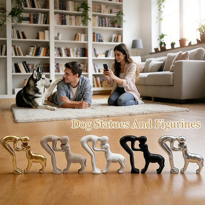 Human and Dog Statue Decoration, Cute Pet Sculpture Home Decor Tabletop Ornament Figurines Office Living Room Bedroom Home, for Dog Lovers Friends Family Decoration, Gold Color