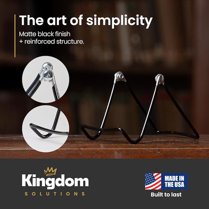 KINGDOM SOLUTIONS MADE IN USA 2-Pack Adjustable Black Metal Easels - Book Stand - Sturdy Plate Stand for Art, Pictures, Books, Frames - Unique on the Market