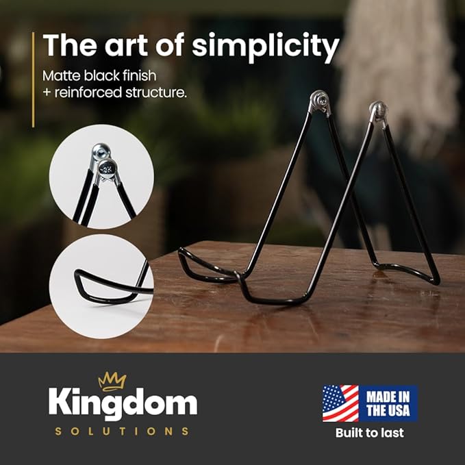 KINGDOM SOLUTIONS MADE IN USA 48-Pack Adjustable Black Metal Easels - Book Stand - Sturdy Plate Stand for Art, Pictures, Books, Frames - Unique on the Market
