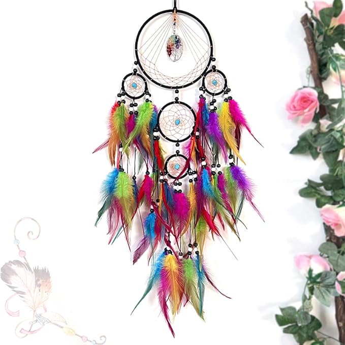 Pretty Jolly Colourful Feather Dream Catchers Wall Decor with Chakras Tree of Life Crystal Stone Ornament Handmade Dreamcatchers for Adult Boys Girls Bedroom Dorm Party Birthday Blessing Gift-5Rings