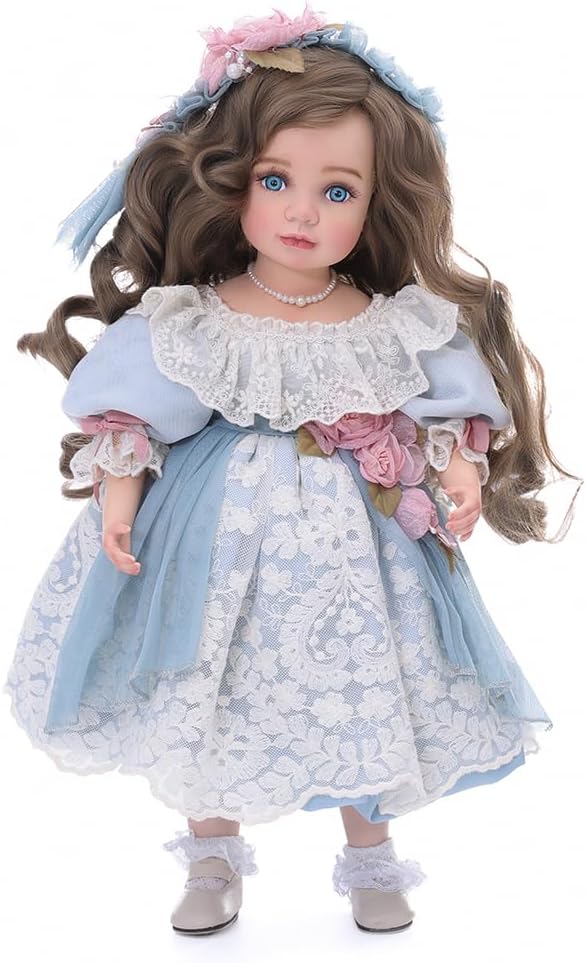 18 Inch Kawaii Porcelain & Fabric Doll Cute European Retro Handmade Ceramic Doll with Showing Stand for Room Decor, Birthday Gifts, Collectible ,Name Olivier (Blue)