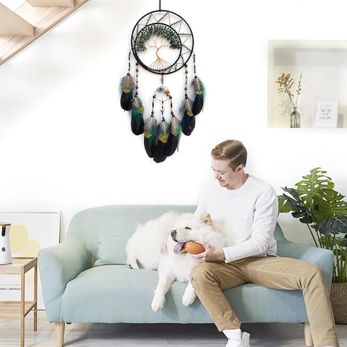 7 Chakras Dream Catchers Tree of Life Dream Catcher Green Feather Dreamcatcher Wall Decor with Rainbow Healing Crystal Stone Wall Art Hanging for Bedroom Home Decor Bless Gift Wedding Party