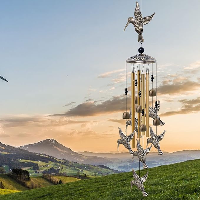 Large Hummingbird Wind Chimes Outdoor Indoor Decor -With 4 Tubes 6 Bells 7 Hummingbirds, Mobile Wind Catcher, Hummingbird Wind Bell for Home, Xmas Mom Gifts, Festival, Balcony, Tree, Garden Decoration