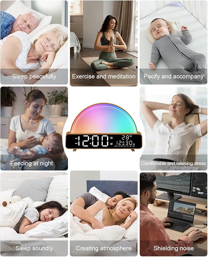 Sunrise Alarm Clock Wake Up Light with Sunrise Simulation White Noise Machine Touch Control Bedside Lamps Colors Atmosphere Lamp 30/60/90 Sleep Timer 13 Nature Sounds