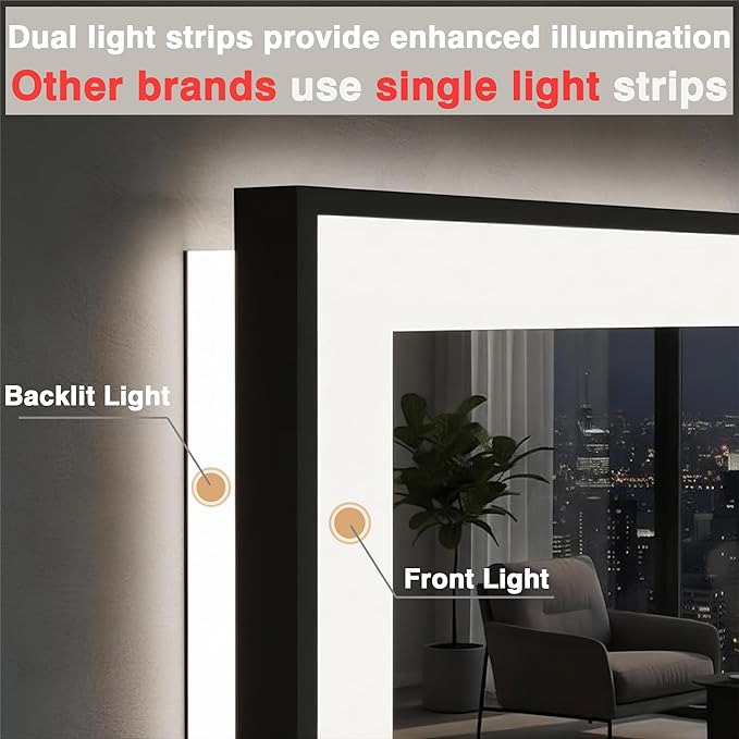 48x32 LED Bathroom Mirrors for Wall -Black Aluminum Framed (Front and Backlit), Anti-Fog Vanity Mirror With Lights,Stepless Dimmable Lighted Mirror,3 Colors Smart Mirror(Horizontal/Vertical)