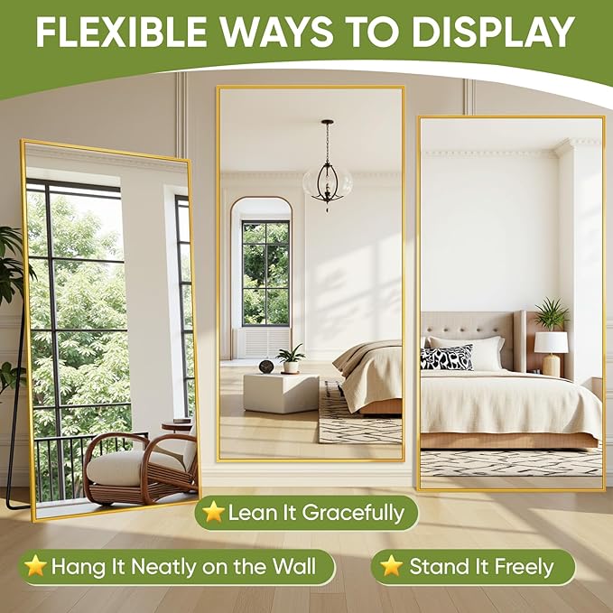Full-Length Floor Mirror with Stand, 58"x18" Rectangle Style Full Body Standing Mirror for Bedroom, Living Room, Gym, Dorm - Shatter-Resistant & Easy Assembly, Gold