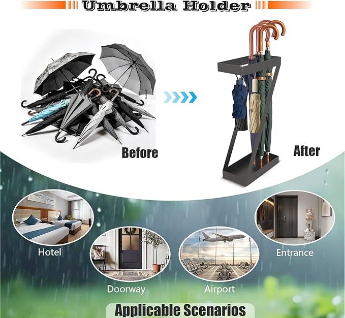 Umbrella Holder for Entryway Black Umbrella Stand indoor,Stores Umbrellas Canes Equipped with hooks for Storing Foldable for use in Homes, Offices, Hotel Lobbies