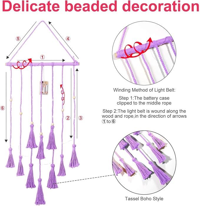 Homecor Hanging Photo Display Wall Decor, Purple Macrame Hanging Boho Room Bedroom Decor, Picture Frame Collage with Light 30 Clips, Christmas Teenage Teen Girl Gifts Ages 10 11 12 13 14 Years Old