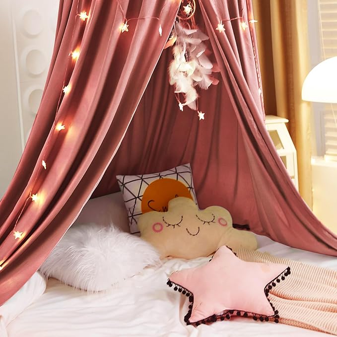 Kertnic Decor Canopy for Kids Bed, Soft Smooth Playing Tent Canopy Girls Room Decoration Princess Castle, Dreamy Mosquito Net Bedding, Children Reading Nook Canopies in Home (Red Bean Color)