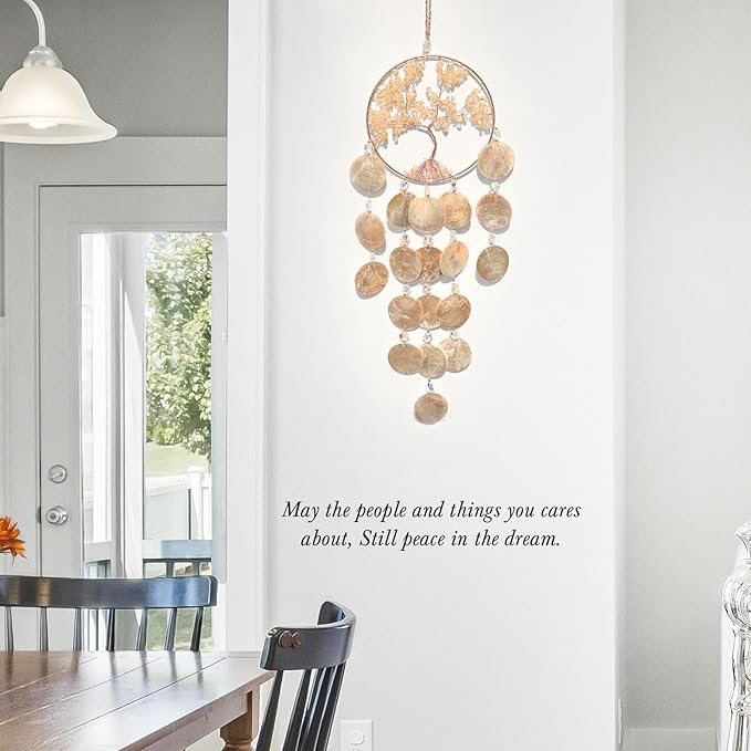 Pretty Jolly Gold Tree of Life Dream Catcher Wall Decor with Citrine Crystals Unique Capiz Wind Chimes Soothing Sound Waterfall Handmade Wall Hanging Home Decor for Bedroom Wedding Party Wish Gift
