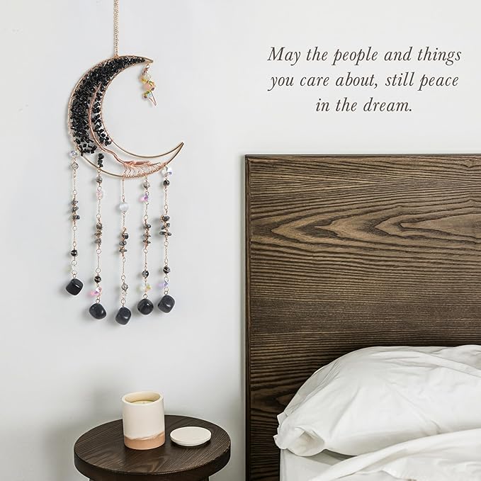 Black Gemstone Dream Catcher 7 Chakras Tree of Life Moon Dream Catcher with Healing Crystal Square Stones Handmade Dreamcatcher Wall Decor for Adults Boys Girls,Bedroom,Wedding,Garden,Bless Gift