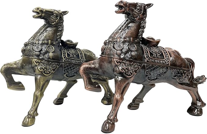 Metal Ornament Galloping Horse Statue Classic Bronze Finish Luxury Home Decor Multi Functional Sculpture for Living Room Office Desk Feng Shui Art with Set of 5 Lucky Charm Ancient Coins (D3 Bronze)
