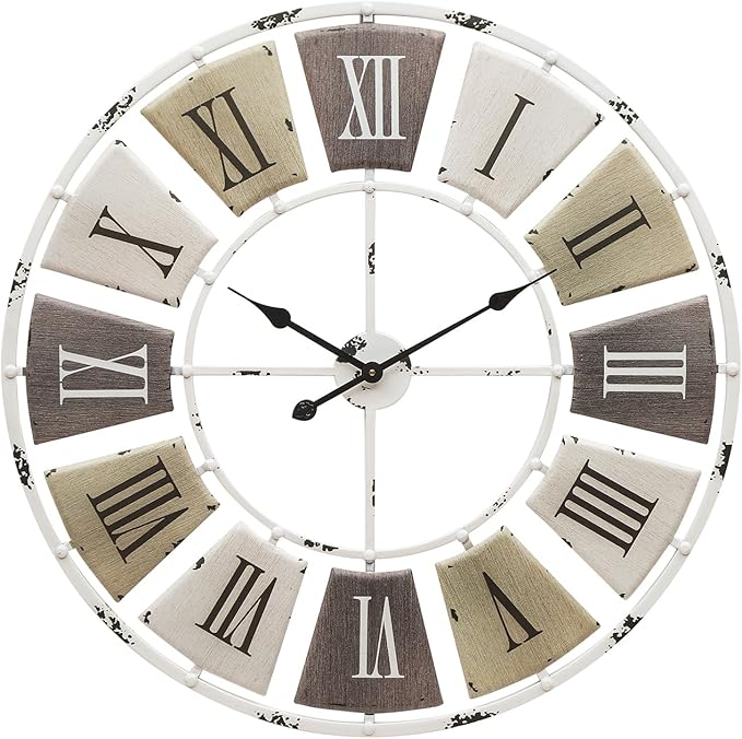 Distressed Metal Wall Clock 32 Inch, Industrial Vintage Roman Numerals, Weathered Iron Frame Farmhouse Office Cafe Decor