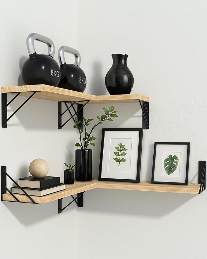 BAYKA Shelves for Bedroom Decor, Floating Wall Shelf for Living Room Kitchen Storage, Wall Mounted Rustic Shelves for Kids Books, Corner Shelf for Bathroom(Carbonized Brown,Set of 4)