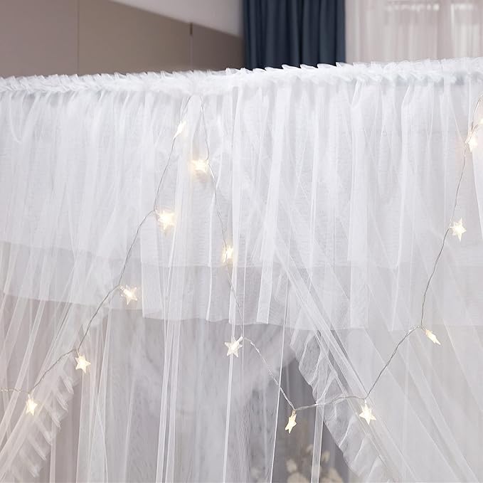 VETHIN 4 Corners Post Ruffle Princess Bed Canopy Curtain-Double Layer Cozy Drape Netting 4 Opening Mosquito Net for Girls Adults Bedroom Decoration (White/White, 64" W*82" L*82"*H/(Queen))