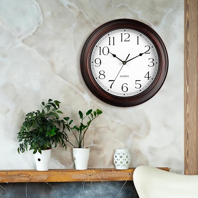 Wall Clock 10 Inch Battery Operated Silent Non-Ticking Wall Clock Vintage Retro Rustic Style Decorative for Bedroom Living Room Kitchen Home Office (Bronze)