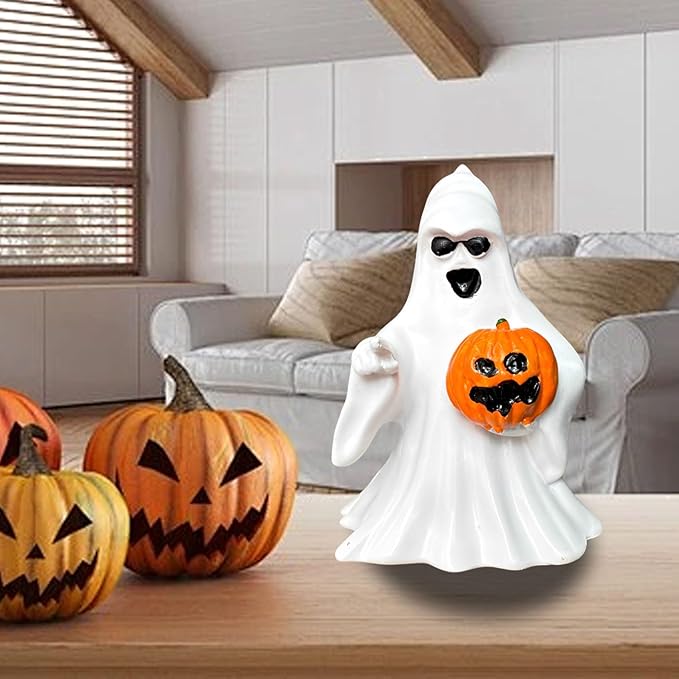 1 Pcs Halloween Ghost Figurine Decor with Pumpkin Cute Resin Ghost Statue, Funny White Sculpture Ghost Decor for Spooky Halloween Home Mantel Tabletop Decorations Indoor