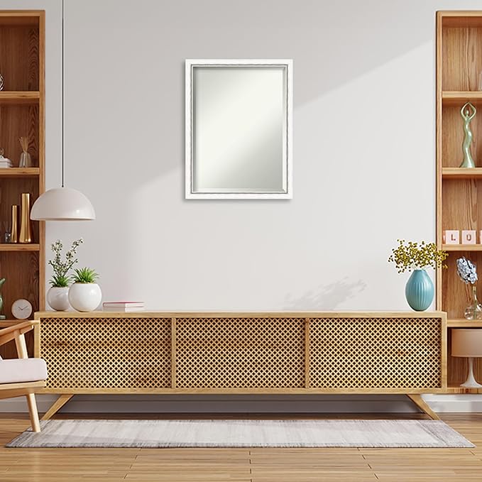 Amanti Art White Wall Mirror 26x20 Morgan White Silver Rectangle Bathroom Mirror for Wall Decor Living Room, Medium Modern Wood Frame, Hangs Horizonally and Vertically, Bathroom Decor, Beveled Edge