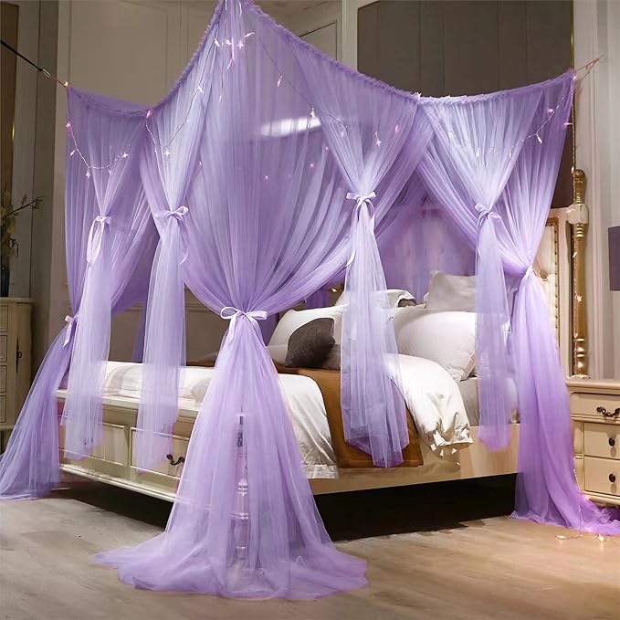 VETHIN 4 Corners Post Princess Bed Canopy Curtain Double Layer Cozy Drape Netting 4 Opening Mosquito Net for Girls & Adults Bedroom Decoration Accessories (Double Purple,53" W*78" L*82"*H/(Full))