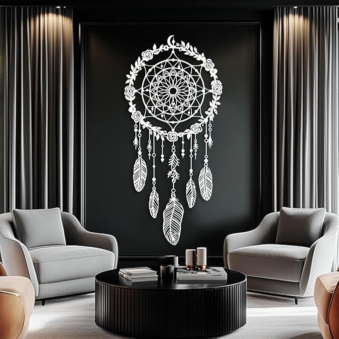 Maclou Metal Dream Catcher Wall Decor, Metal Feather Wall Art, Boho Dream Catcher Wall Decor for Living Room, Bedroom, Girls Room (Gold,35x17 inch / 90x42 cm)