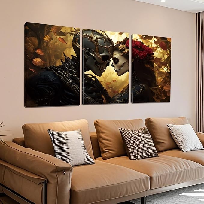 RUNBOAT Skull Pictures Wall Decor - Skull Canvas Wall Art, Skeleton Couple Poster Print, Gothic Painting Artwork, Skeleton and Roses Pictures for Living Room Bedroom (24" x 36" x 3 pcs)
