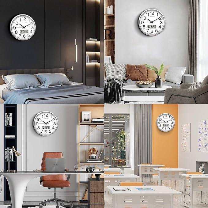 Wall Clock, 11 Inch Non-Ticking Silent Battery Operated Quartz Analog with LCD Display for Perpetual Calendar and F° Temperature, Ideal Modern Home, Bedroom, Kitchen, Office Décor (Sliver)