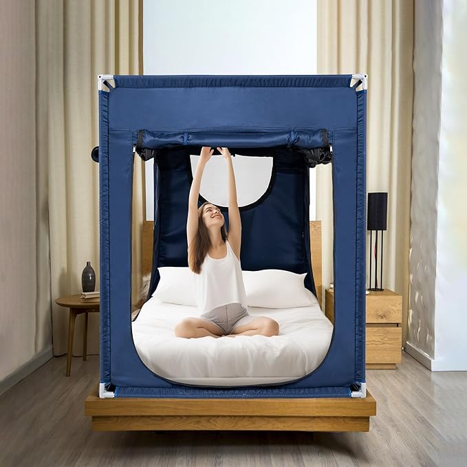 Bed Canopy Portable Blackout Bed Tent Privacy Tent for Adult Indoor Sleeping with 3 Doors, Storage Bag