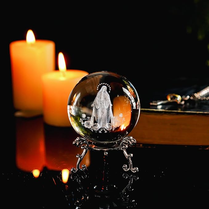 3D The Blessed Virgin Mary Crystal Ball Laser Etched Our Lady of Guadalupe Glass Sphere Statue Mother Mary Christian Catholic Religious Easter Gifts