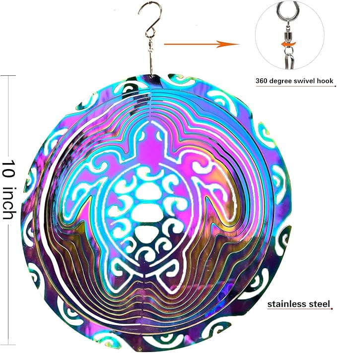 Wind Spinner Outdoor Metal 3D Wind Spinner Hanging Turtle Yard Garden Decor Gifts Stainless Steel Turtle Spinners with 360° Rotating Hook