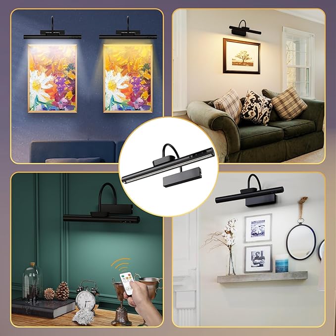 Dimmable Cordless Picture Light with Controller and Timer, Rechargeable Battery Wall Sconce for Wall Pictures, Gallery Artwork, Paintings, Portraits, Dartboards (Black)