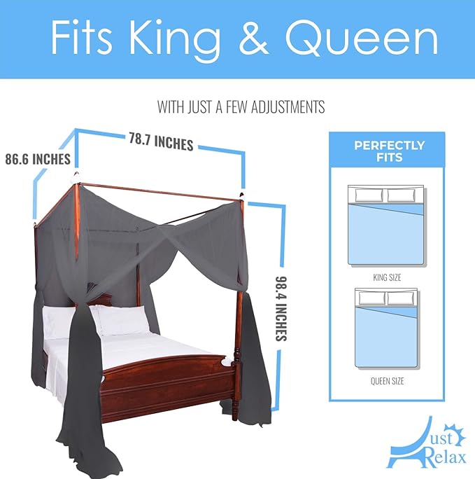 Just Relax Four Corner Post Decorative Elegant Bed Net Canopy Set, Fits Full, Queen and King Sizes, Can Be Used With or Without Four-Post Bed (Black)