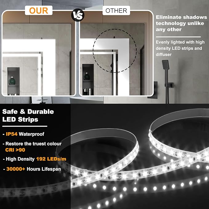55x30 Inch LED Bathroom Mirror with Frontlit & Backlit(Independent Control), Lighted Mirror for Bathroom Wall with 3-Color Dimmable & Anti-Fog, Vanity Mirror with Lights
