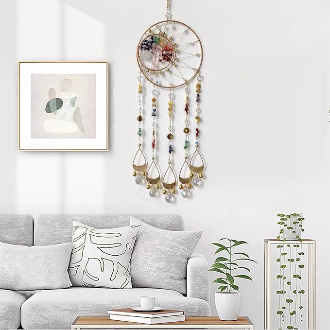 Colorful Dream Catcher Wall Decor Tree of Life Dream Catchers with Crystal Pendant Handmade Dreamcatcher Wall Hanging Ornament for Bedroom Living Room Home Decor