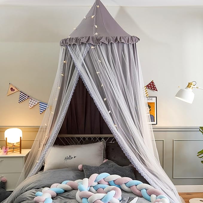 VETHIN Bed Canopy for with Lights,Double Layer Princess Round Dome Dreamy Mosquito Net Bedding Girls Room Castle Play Tent Hanging House Decor Reading Nook Canopies(Gray/White)