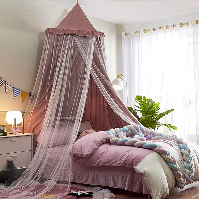 VETHIN Bed Canopy for with Lights,Double Layer Princess Round Dome Dreamy Mosquito Net Bedding Girls Room Castle Play Tent Hanging House Decor Reading Nook Canopies(Jujube Red/White)