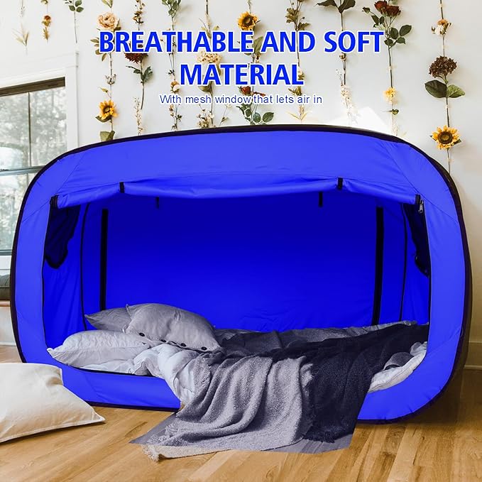 Bed Tent Twin Bed Canopy Portable Dream Tent for Adult Indoor Sleeping Tents with 2 Doors Breathable Private Space Tents, Blue