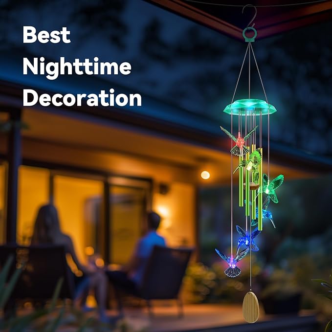 Wind Chimes,Hummingbird Solar Wind Chimes for Outside,Green Gradation Aluminum Tubes Deep Tone Memorial Wind Bell for Garden/Patio Mobiles Decorative Gifts for Mom, Wife, Grandma Neighbors(37" Long)