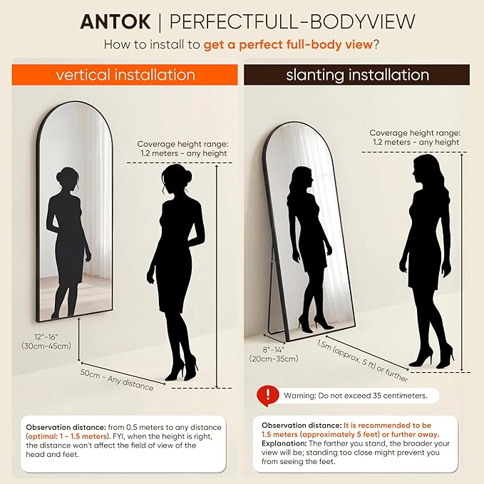 Antok Full Length Mirror, 81"x41" Floor Mirror, Arched Floor Standing Freestanding Arch Full Body Mirrors with Stand for Bedroom, Hanging Mounted for Living Room Cloakroom,Black
