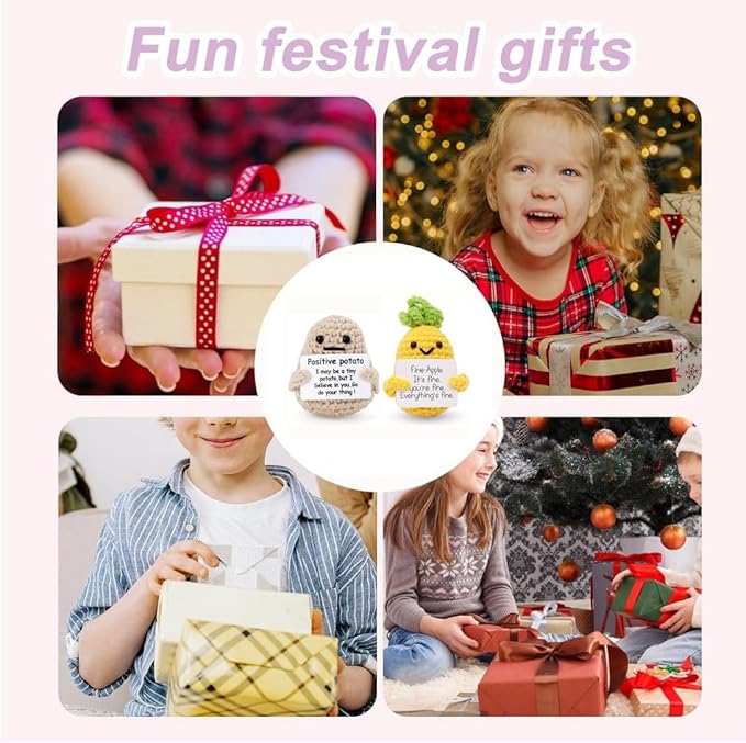 WASTIME Funny Knitted Wool Doll Toy with Positive Card - Creative Cute Mini Crochet Positive Potato Dolls Cheer Up Gift for Family Kids Friends Encouragement Decoration (Potato & Pineapple)