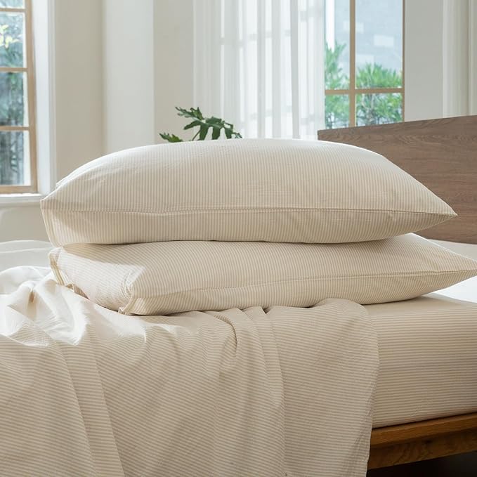 MooMee Striped Duvet Cover Set 100% Washed Cotton Linen Like Textured Breathable Durable Soft Comfy (Almond Milk Grey Pinstripes, Super Queen 90"x98")