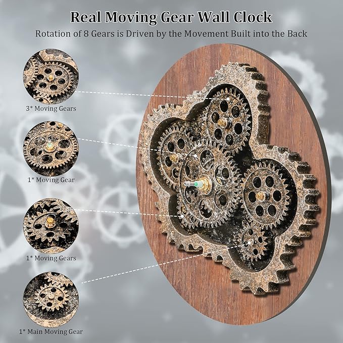 HOIBAI Large Wall Clock, Wall Clocks for Living Room Decor 20 Inch Farmhouse Vintage Rustic Kitchen Wall Decor Vintage Roman Oversized Wall Clock for Home Bedroom House, Moving Gears Clock