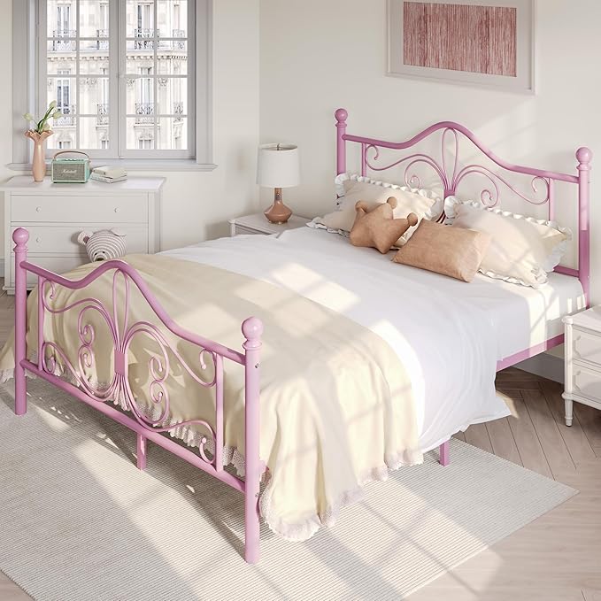 SHA CERLIN Queen Size Bed Frame for Kids,Metal Bed Frame with Butterfly Pattern Design Headboard and Footboard,No Box Spring Needed,Easy Assembly,Pink
