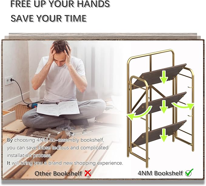 4NM No Assembly Folding Bookshelf, 3 Tiers Collapsible Book Shelves Open Industrial Foldable Storage Bookcase Shelf for Bedroom, Living Room, Home Office - Brown and Gold