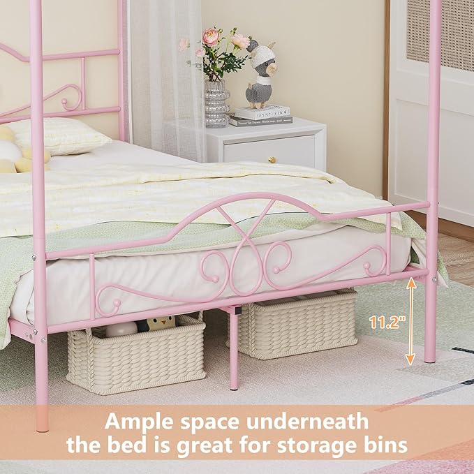 Weehom Full Canopy Bed Frame with Headboard and Footboard, Four-Poster Metal Canopied Platform Bed Mattress Foundation Underbed Storage Space No Box Spring Needed for Girls Adults Pink