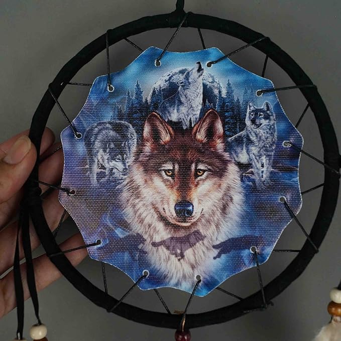 Remorelt Wolf Eagle Bear Dream Catcher Bedroom Wall Decor, Christmas Home Decoration, Room Accessory, White Moon Feather Decoration - Unique Home Craft Wall Pendant (DC11 6Inch Blue Moon Wolf)