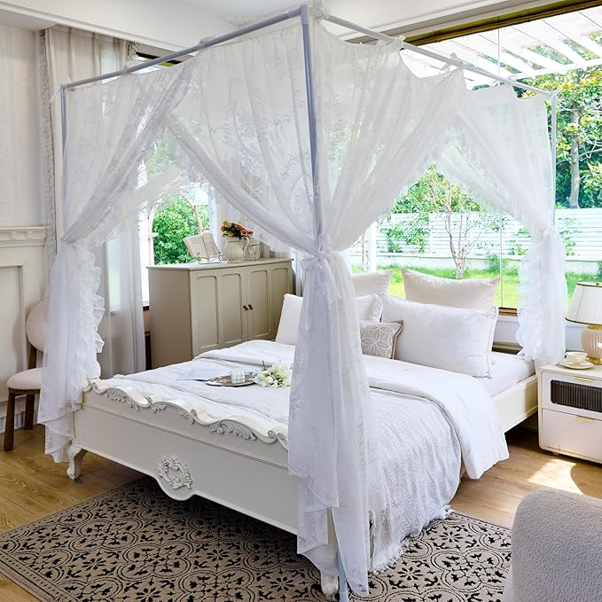 AIKASY Elegant Lace Princess 4-Poster Bed Canopy Mosquito Net - Romantic Wedding Bridal Bedroom Decor, Kids Room Bed Curtain for Women Adults - (White-2,Twin)
