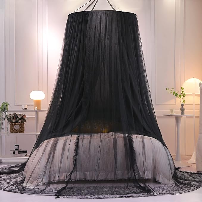 VETHIN Double Layer Princess Round Dome Canopy Bed Curtain for Girls Adults,Children Dreamy Mosquito Net,Cute Bedroom Decoration Castle Play Tent Reading Nook Canopies(Dome-Double Black)